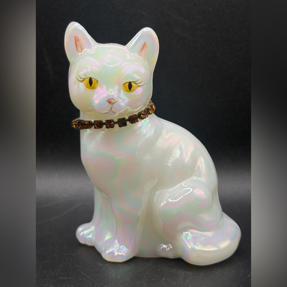 Vintage Fenton Artist Signed Hand Painted Iridescent Art Glass Cat Kitten Figure